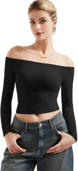 SUUKSESS Camisas de manga larga con doble forro y hombros descubiertos para mujer, blusas básicas para salir 