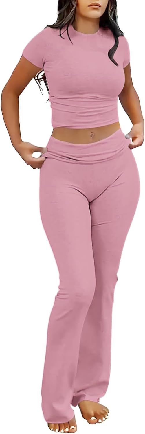 Conjuntos de 2 piezas para estar por casa para mujer de AYWA, top corto de manga corta, pantalones acampanados con solapa, conjuntos de pijama informales 