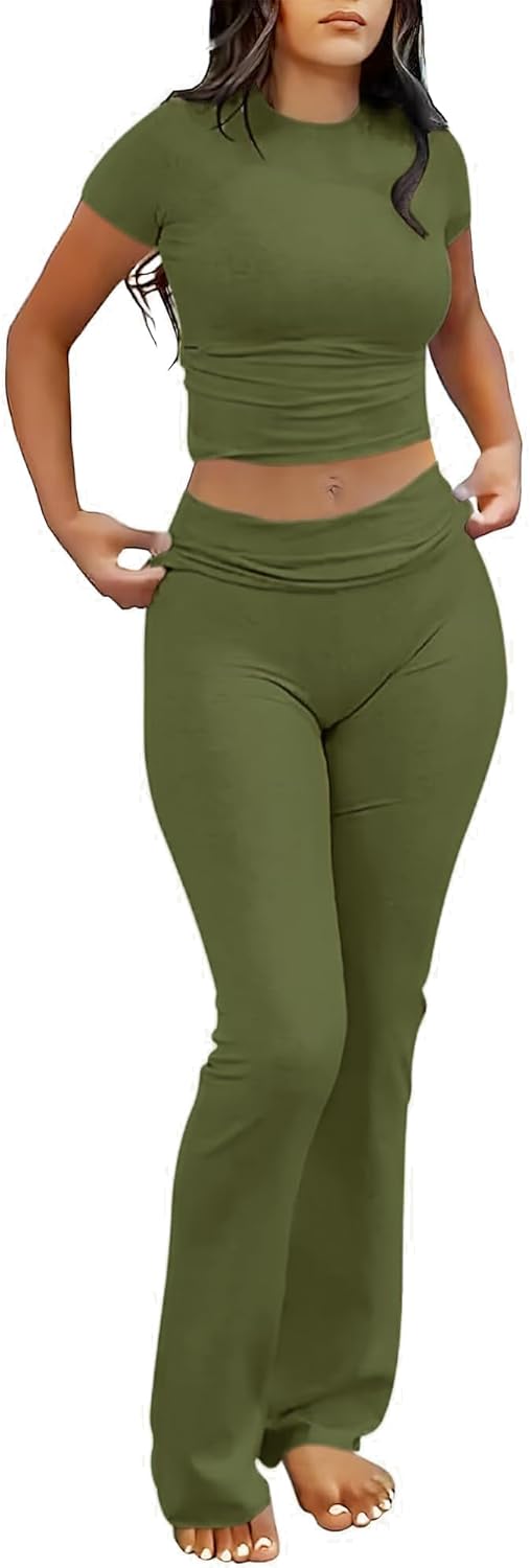 Conjuntos de 2 piezas para estar por casa para mujer de AYWA, top corto de manga corta, pantalones acampanados con solapa, conjuntos de pijama informales 