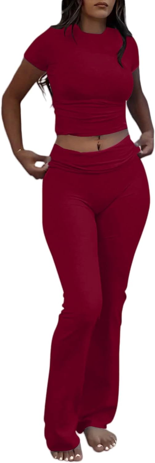 Conjuntos de 2 piezas para estar por casa para mujer de AYWA, top corto de manga corta, pantalones acampanados con solapa, conjuntos de pijama informales 