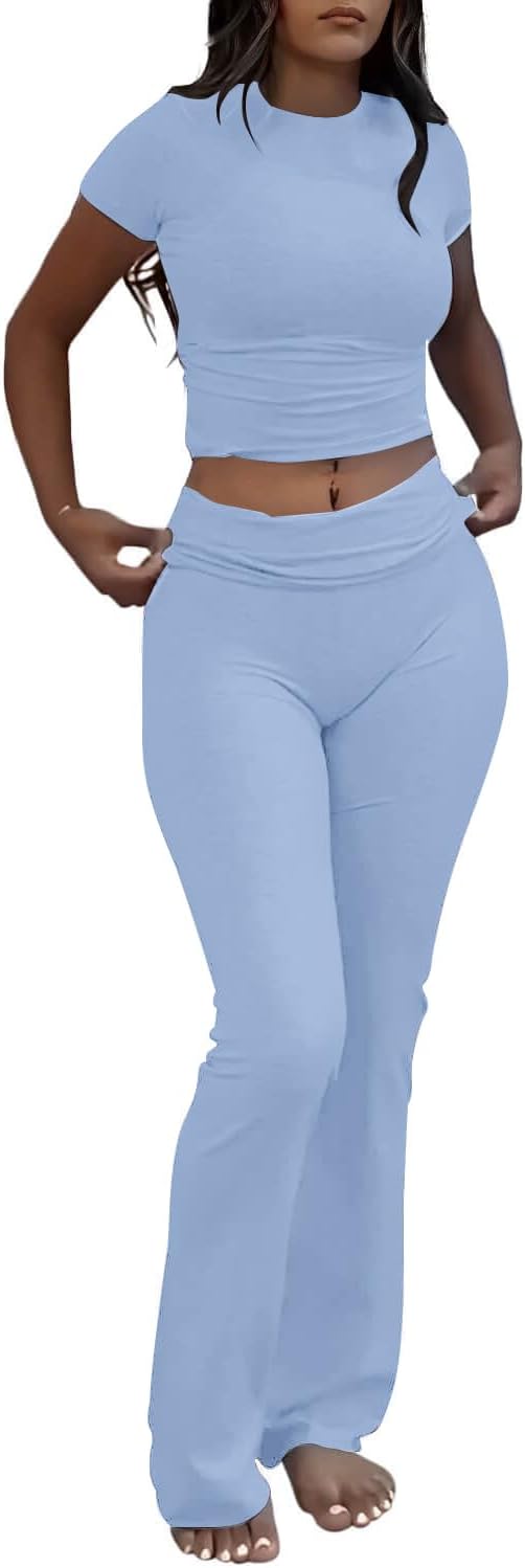 Conjuntos de 2 piezas para estar por casa para mujer de AYWA, top corto de manga corta, pantalones acampanados con solapa, conjuntos de pijama informales 