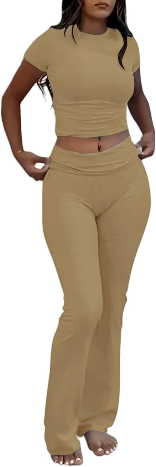 Conjuntos de 2 piezas para estar por casa para mujer de AYWA, top corto de manga corta, pantalones acampanados con solapa, conjuntos de pijama informales 