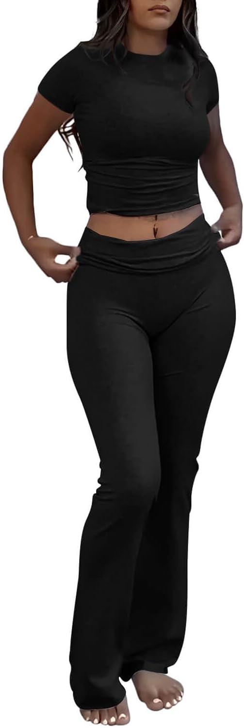 Conjuntos de 2 piezas para estar por casa para mujer de AYWA, top corto de manga corta, pantalones acampanados con solapa, conjuntos de pijama informales 
