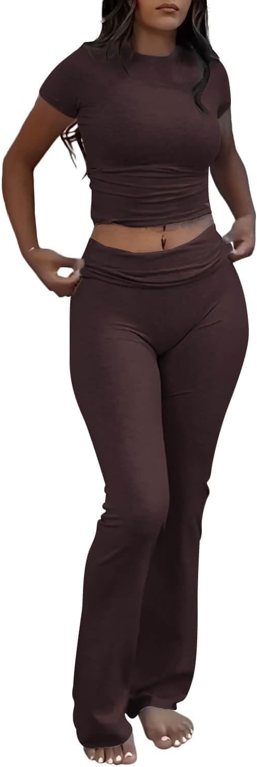 Conjuntos de 2 piezas para estar por casa para mujer de AYWA, top corto de manga corta, pantalones acampanados con solapa, conjuntos de pijama informales 