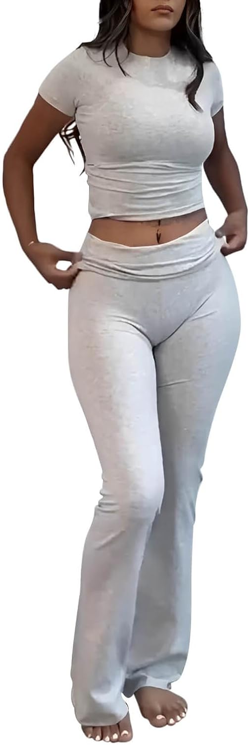 Conjuntos de 2 piezas para estar por casa para mujer de AYWA, top corto de manga corta, pantalones acampanados con solapa, conjuntos de pijama informales 