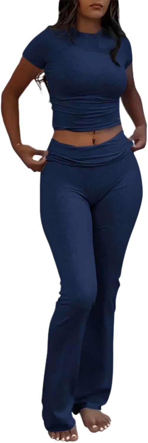 Conjuntos de 2 piezas para estar por casa para mujer de AYWA, top corto de manga corta, pantalones acampanados con solapa, conjuntos de pijama informales 
