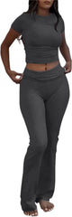 Conjuntos de 2 piezas para estar por casa para mujer de AYWA, top corto de manga corta, pantalones acampanados con solapa, conjuntos de pijama informales 