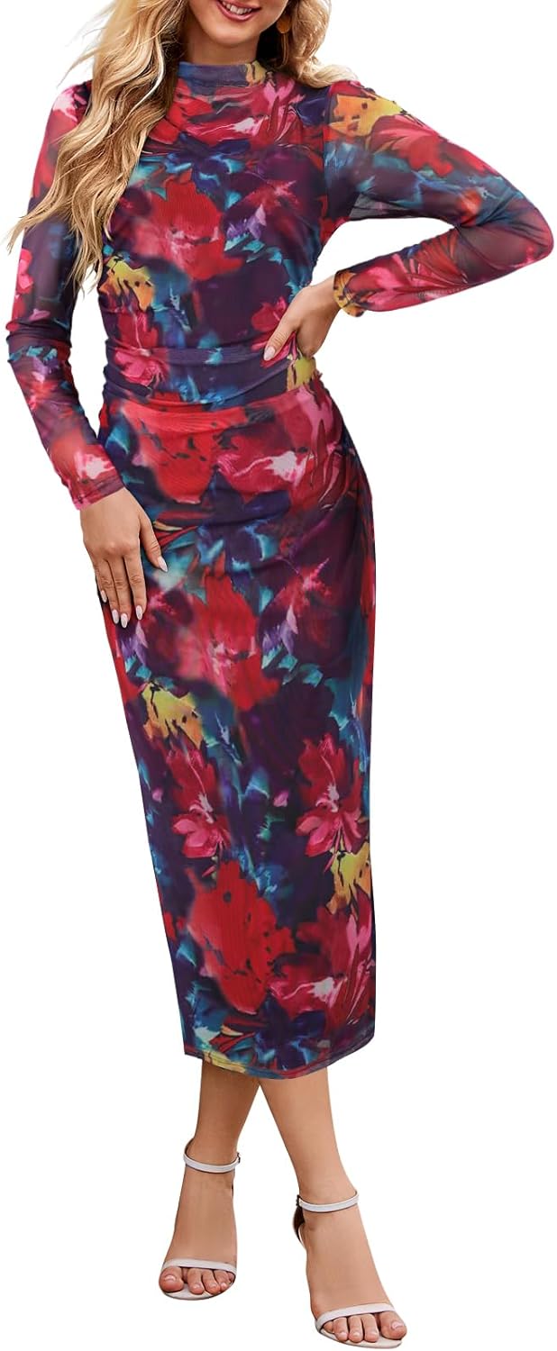 Vestido de cóctel largo con escote alto, manga larga y efecto tie dye para mujer de MEROKEETY 2024, ajustado, fruncido y de malla 