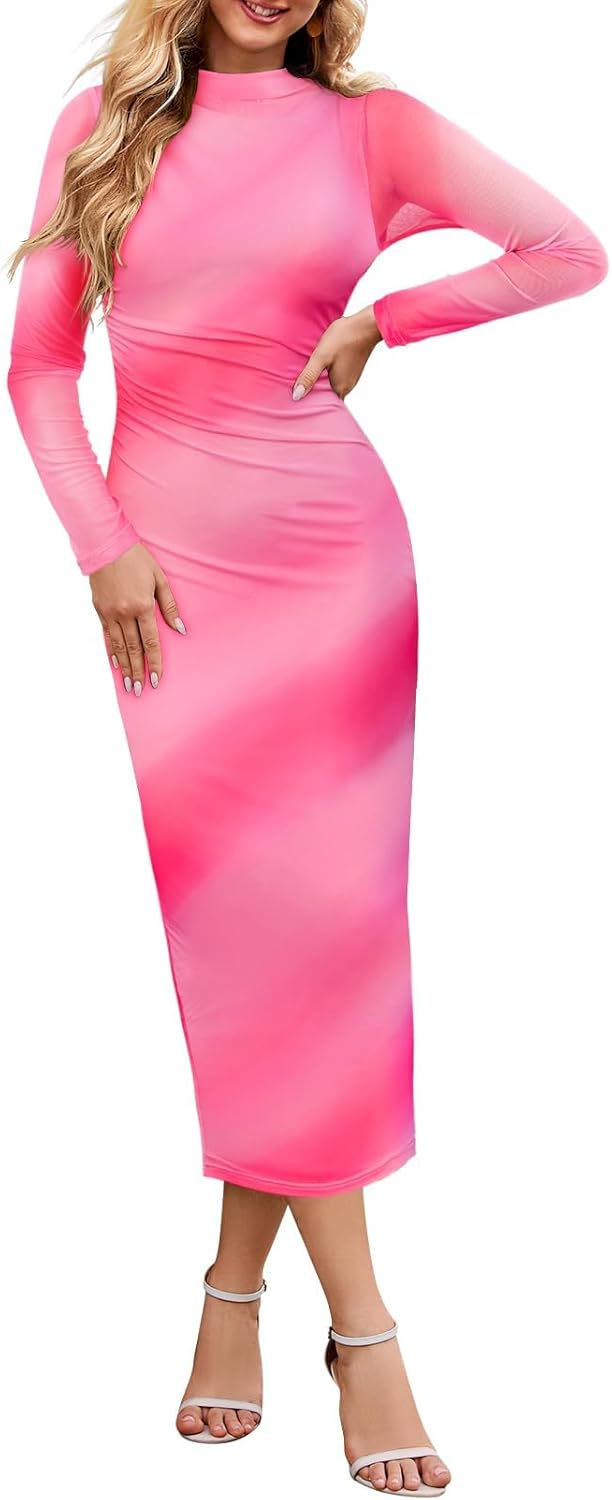 Vestido de cóctel largo con escote alto, manga larga y efecto tie dye para mujer de MEROKEETY 2024, ajustado, fruncido y de malla 