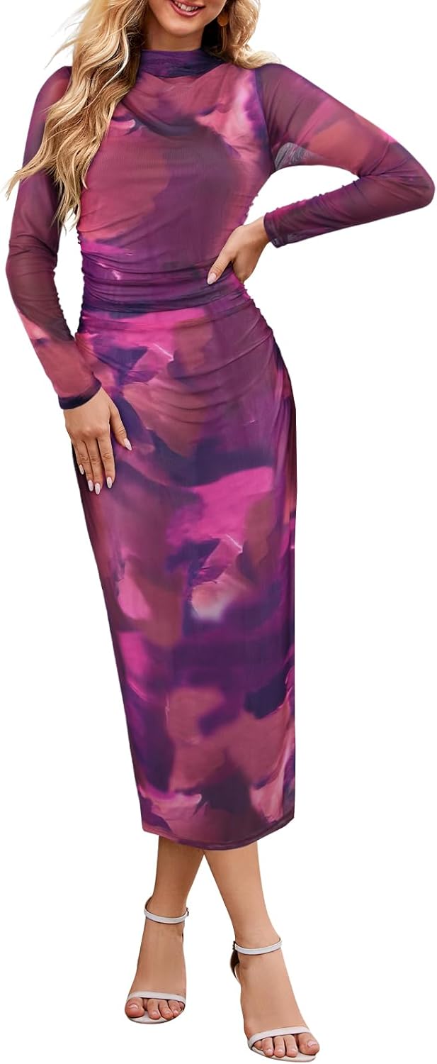 Vestido de cóctel largo con escote alto, manga larga y efecto tie dye para mujer de MEROKEETY 2024, ajustado, fruncido y de malla 