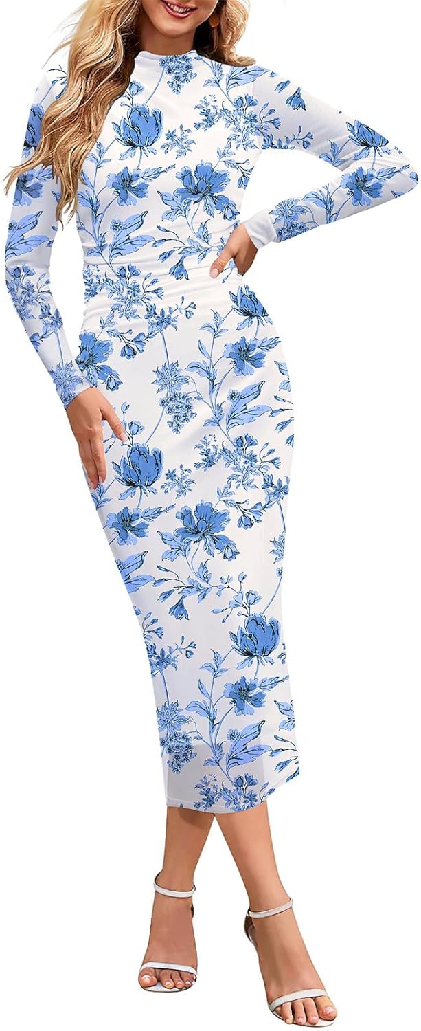 Vestido de cóctel largo con escote alto, manga larga y efecto tie dye para mujer de MEROKEETY 2024, ajustado, fruncido y de malla 
