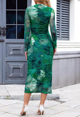 Vestido de cóctel largo con escote alto, manga larga y efecto tie dye para mujer de MEROKEETY 2024, ajustado, fruncido y de malla 