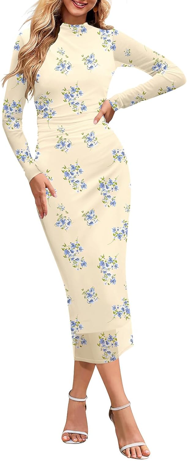 Vestido de cóctel largo con escote alto, manga larga y efecto tie dye para mujer de MEROKEETY 2024, ajustado, fruncido y de malla 