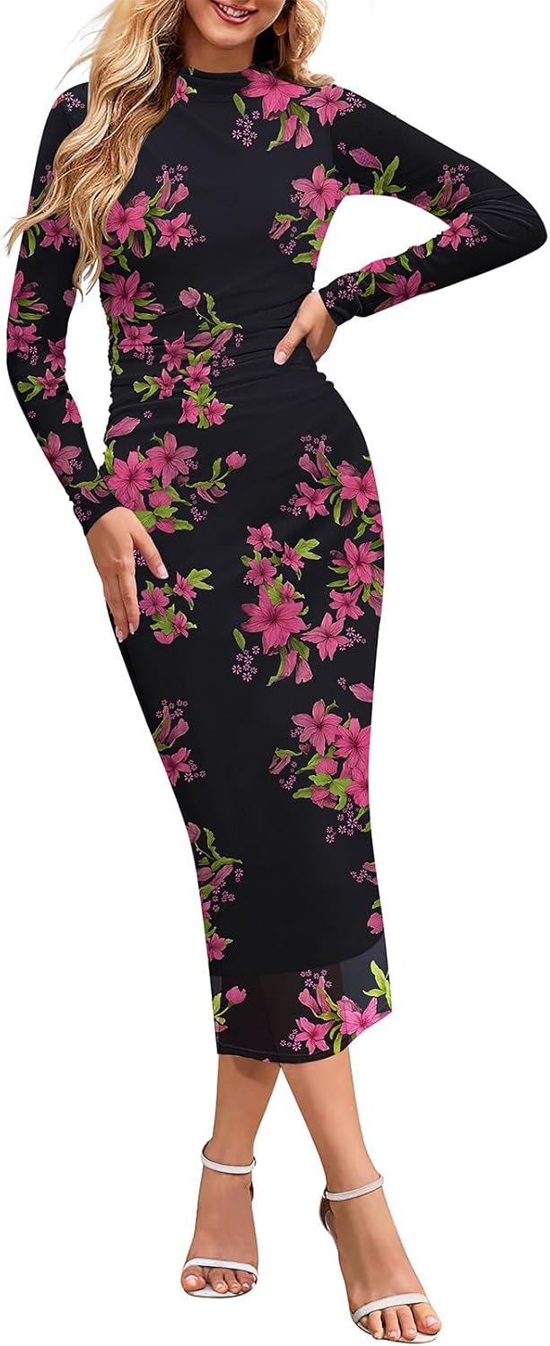 Vestido de cóctel largo con escote alto, manga larga y efecto tie dye para mujer de MEROKEETY 2024, ajustado, fruncido y de malla 