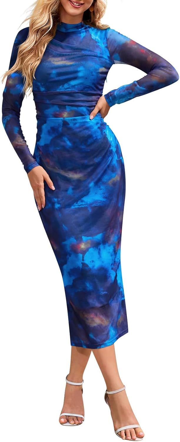 Vestido de cóctel largo con escote alto, manga larga y efecto tie dye para mujer de MEROKEETY 2024, ajustado, fruncido y de malla 