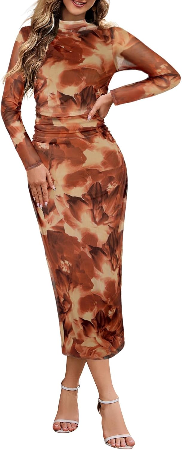 Vestido de cóctel largo con escote alto, manga larga y efecto tie dye para mujer de MEROKEETY 2024, ajustado, fruncido y de malla 