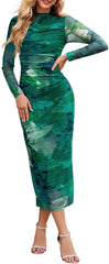 Vestido de cóctel largo con escote alto, manga larga y efecto tie dye para mujer de MEROKEETY 2024, ajustado, fruncido y de malla 