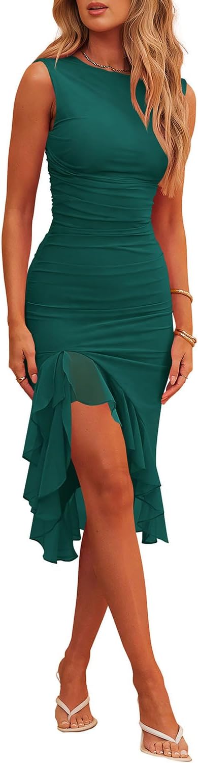 Hocuos - Vestido midi de mujer 2024 con escote redondo, manga larga, dobladillo con volantes, malla fruncida, ajustado, vestidos formales para cócteles y bodas 