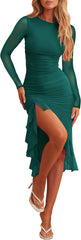 Hocuos - Vestido midi de mujer 2024 con escote redondo, manga larga, dobladillo con volantes, malla fruncida, ajustado, vestidos formales para cócteles y bodas 