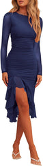 Hocuos - Vestido midi de mujer 2024 con escote redondo, manga larga, dobladillo con volantes, malla fruncida, ajustado, vestidos formales para cócteles y bodas 