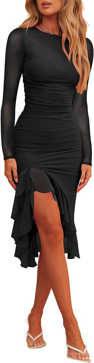 Hocuos - Vestido midi de mujer 2024 con escote redondo, manga larga, dobladillo con volantes, malla fruncida, ajustado, vestidos formales para cócteles y bodas 