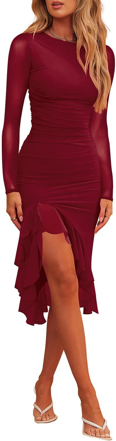 Hocuos - Vestido midi de mujer 2024 con escote redondo, manga larga, dobladillo con volantes, malla fruncida, ajustado, vestidos formales para cócteles y bodas 