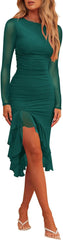 Hocuos - Vestido midi de mujer 2024 con escote redondo, manga larga, dobladillo con volantes, malla fruncida, ajustado, vestidos formales para cócteles y bodas 
