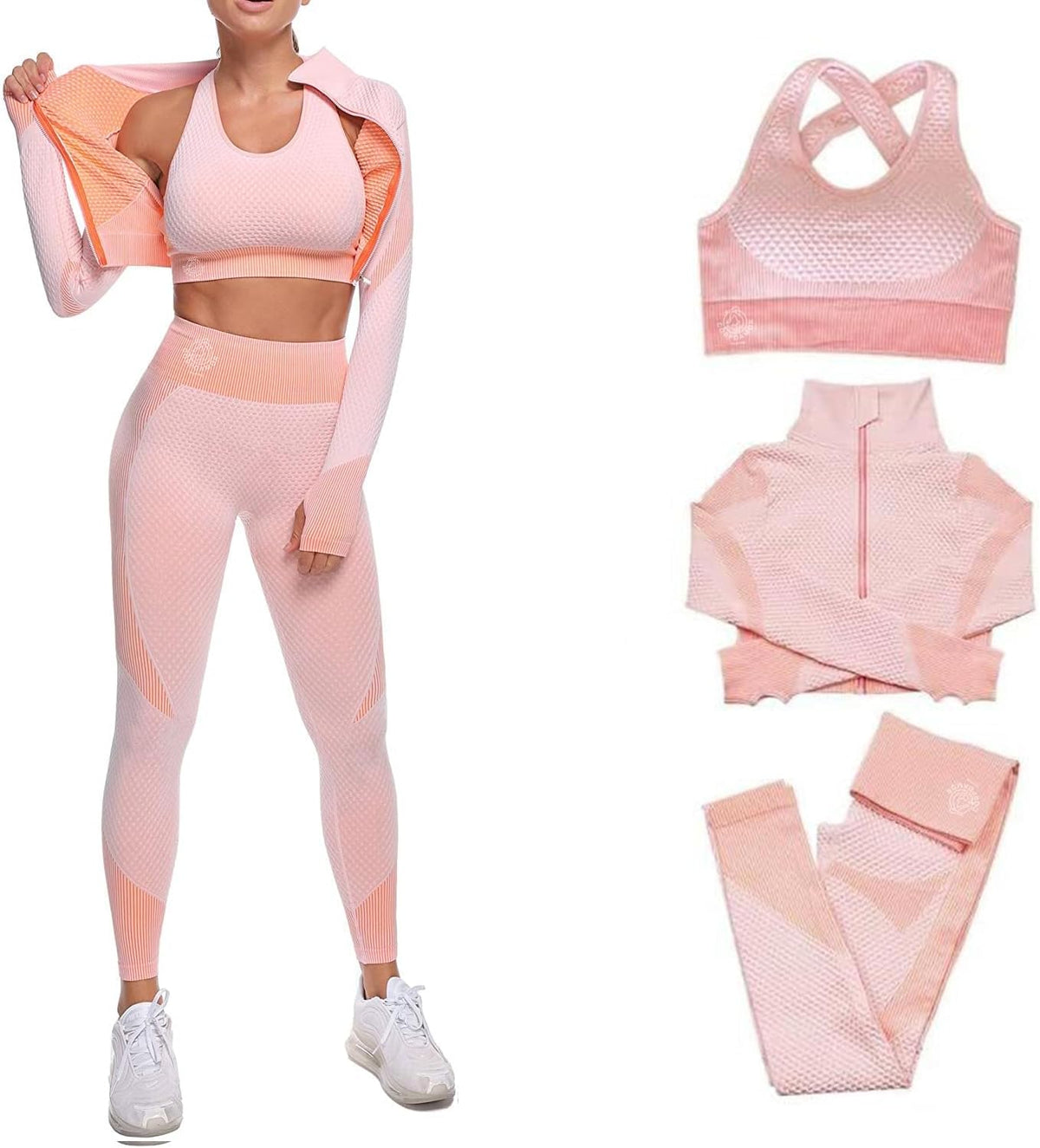 Conjunto de 3 piezas de ropa deportiva sin costuras para mujer, con chaqueta, sujetador y leggings 