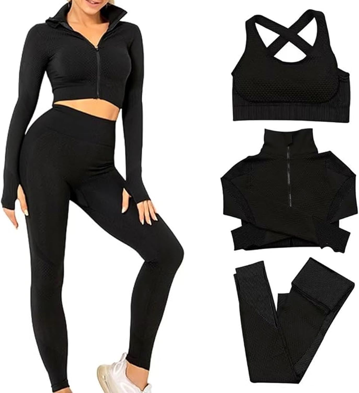 Conjunto de 3 piezas de ropa deportiva sin costuras para mujer, con chaqueta, sujetador y leggings 