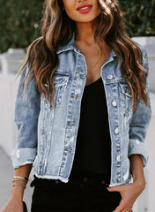EVALESS Womens Boyfriend Washed Crop Denim Jean Jacket Coat