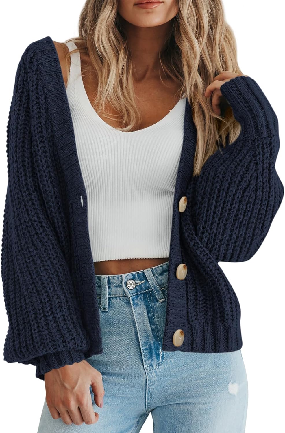 PRETTYGARDEN Suéter de punto grueso con frente abierto para mujer, cárdigan corto holgado con botones y manga larga, abrigos de abrigo 
