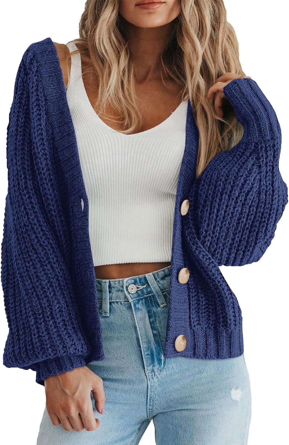 PRETTYGARDEN Suéter de punto grueso con frente abierto para mujer, cárdigan corto holgado con botones y manga larga, abrigos de abrigo 