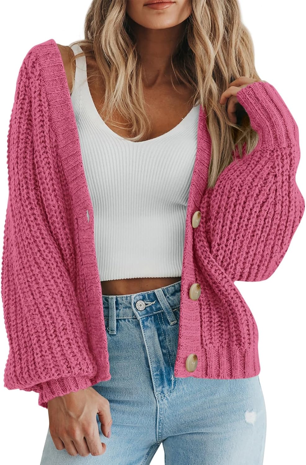 PRETTYGARDEN Suéter de punto grueso con frente abierto para mujer, cárdigan corto holgado con botones y manga larga, abrigos de abrigo 