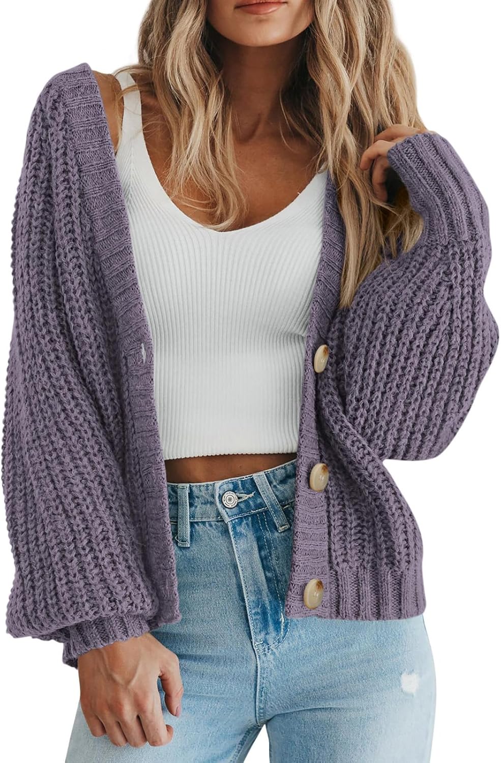 PRETTYGARDEN Suéter de punto grueso con frente abierto para mujer, cárdigan corto holgado con botones y manga larga, abrigos de abrigo 