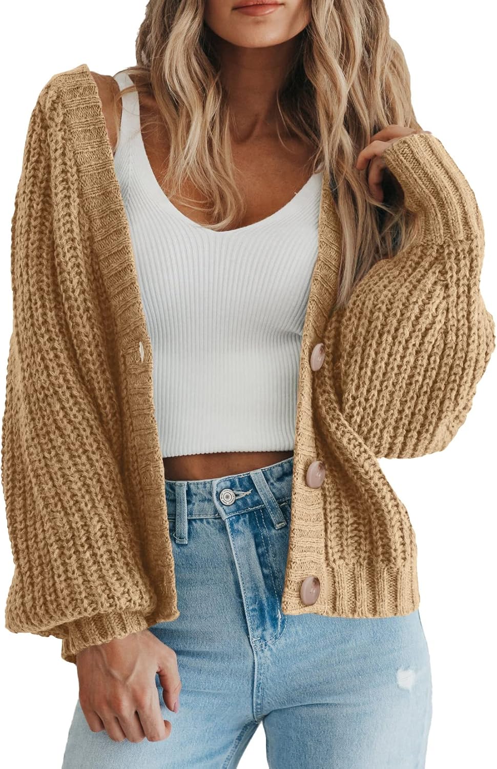 PRETTYGARDEN Suéter de punto grueso con frente abierto para mujer, cárdigan corto holgado con botones y manga larga, abrigos de abrigo 