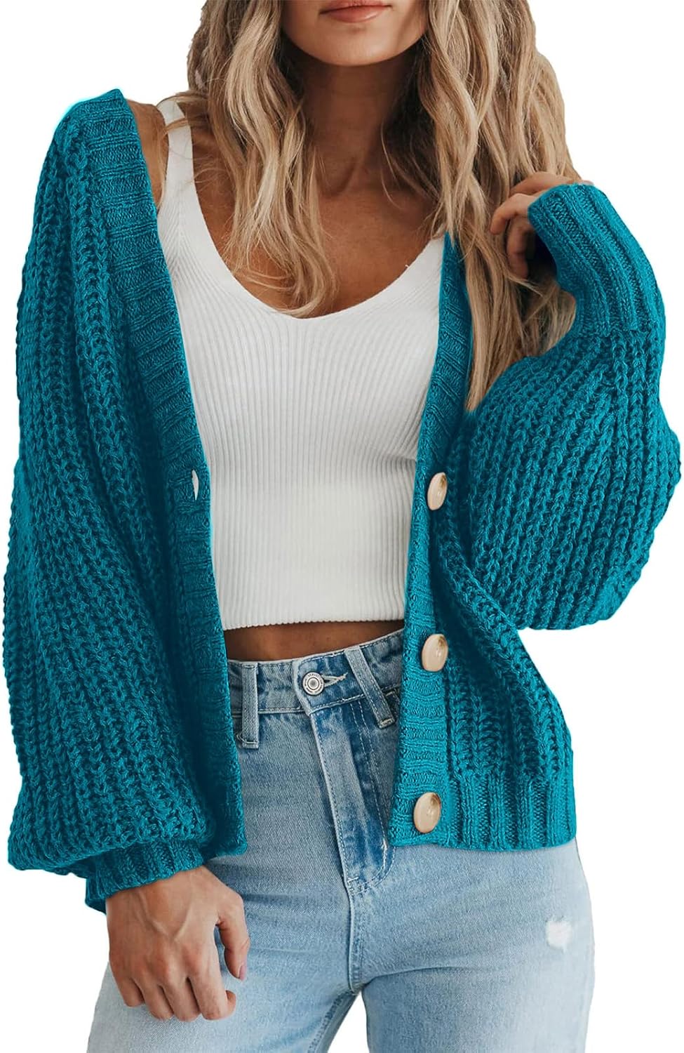 PRETTYGARDEN Suéter de punto grueso con frente abierto para mujer, cárdigan corto holgado con botones y manga larga, abrigos de abrigo 