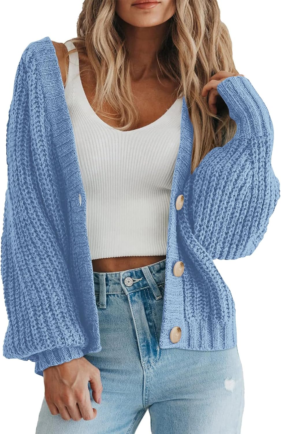 PRETTYGARDEN Suéter de punto grueso con frente abierto para mujer, cárdigan corto holgado con botones y manga larga, abrigos de abrigo 