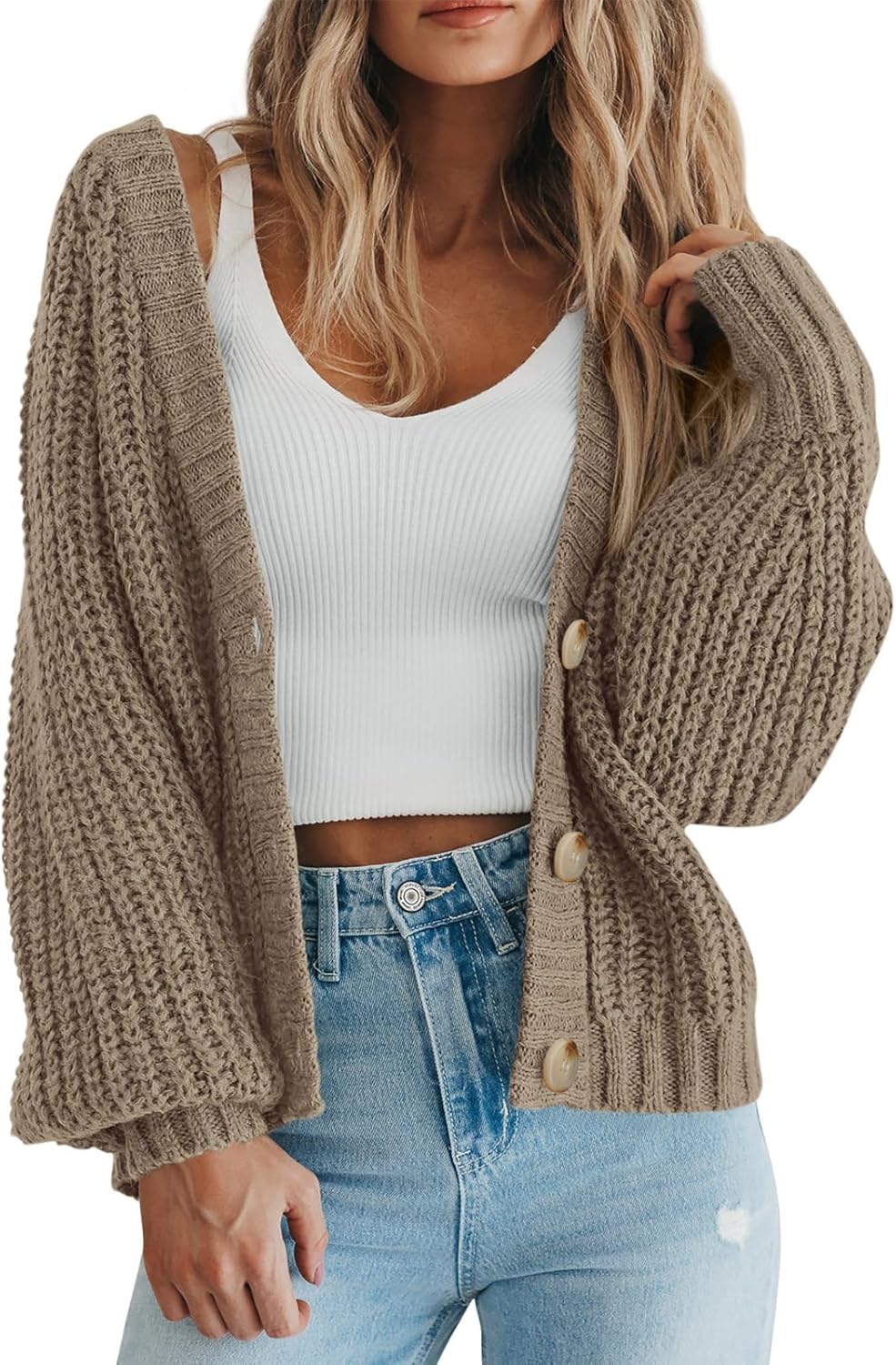 PRETTYGARDEN Suéter de punto grueso con frente abierto para mujer, cárdigan corto holgado con botones y manga larga, abrigos de abrigo 