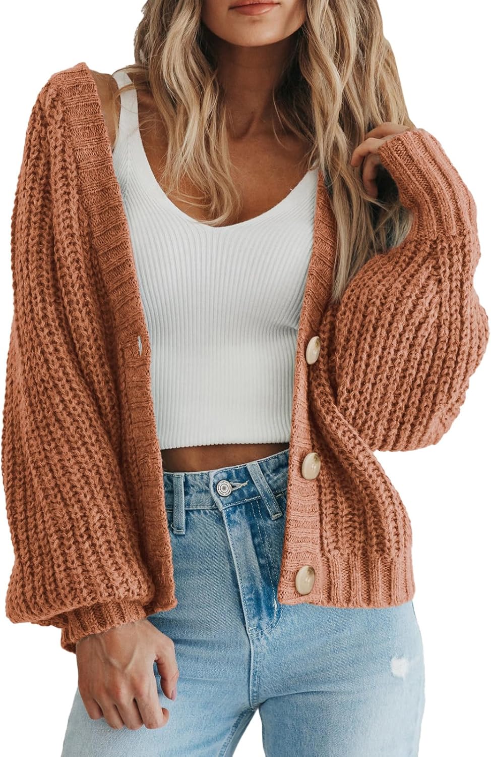PRETTYGARDEN Suéter de punto grueso con frente abierto para mujer, cárdigan corto holgado con botones y manga larga, abrigos de abrigo 