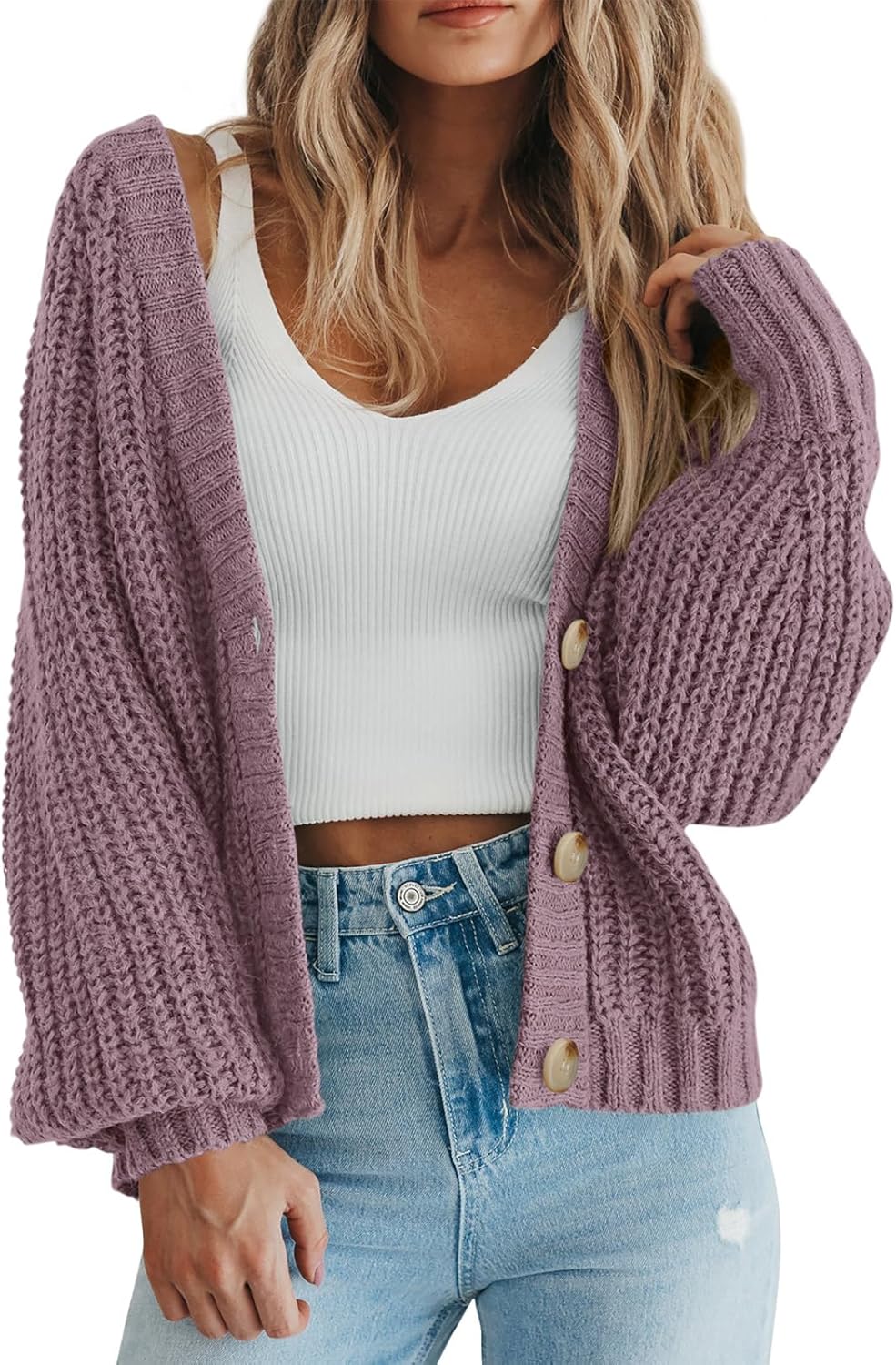 PRETTYGARDEN Suéter de punto grueso con frente abierto para mujer, cárdigan corto holgado con botones y manga larga, abrigos de abrigo 