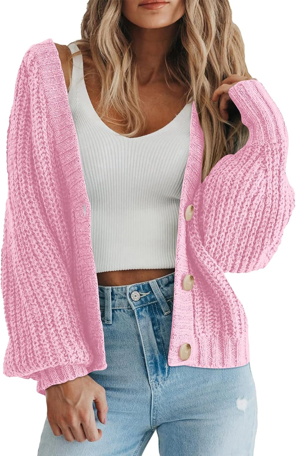 PRETTYGARDEN Suéter de punto grueso con frente abierto para mujer, cárdigan corto holgado con botones y manga larga, abrigos de abrigo 