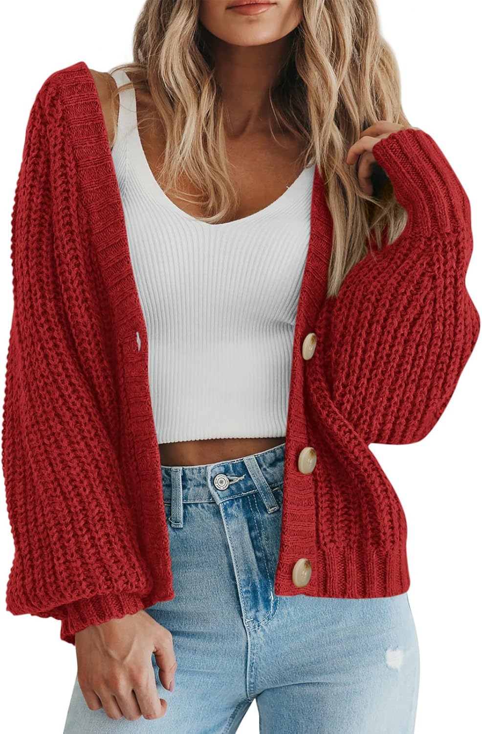 PRETTYGARDEN Suéter de punto grueso con frente abierto para mujer, cárdigan corto holgado con botones y manga larga, abrigos de abrigo 