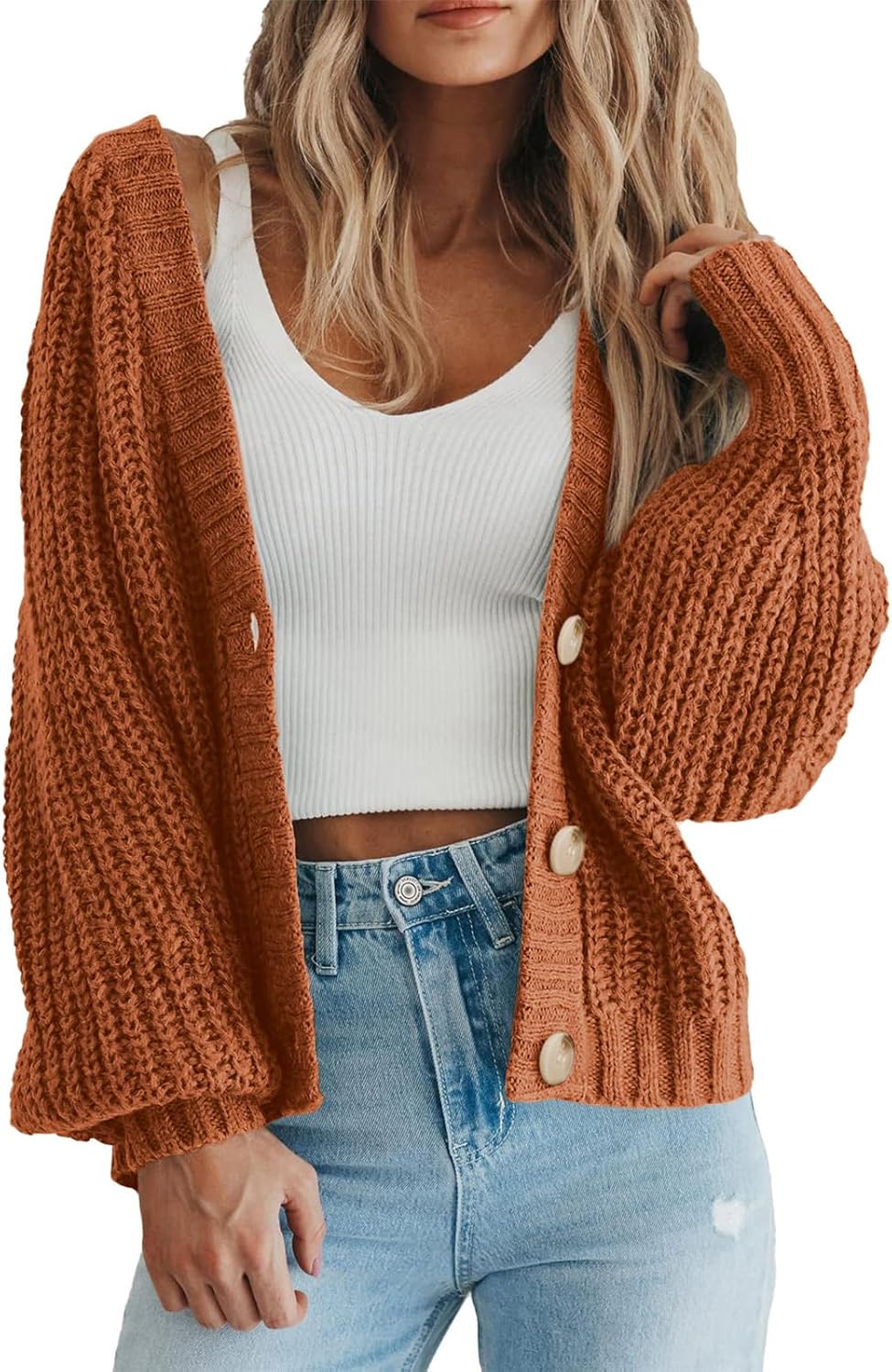 PRETTYGARDEN Suéter de punto grueso con frente abierto para mujer, cárdigan corto holgado con botones y manga larga, abrigos de abrigo 