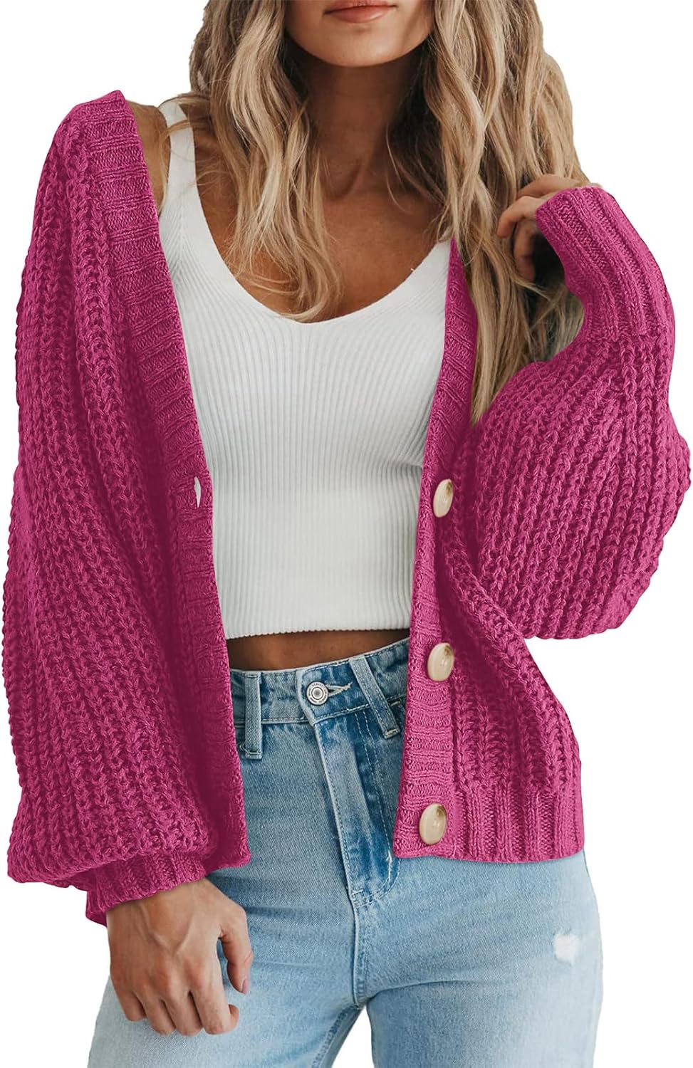PRETTYGARDEN Suéter de punto grueso con frente abierto para mujer, cárdigan corto holgado con botones y manga larga, abrigos de abrigo 