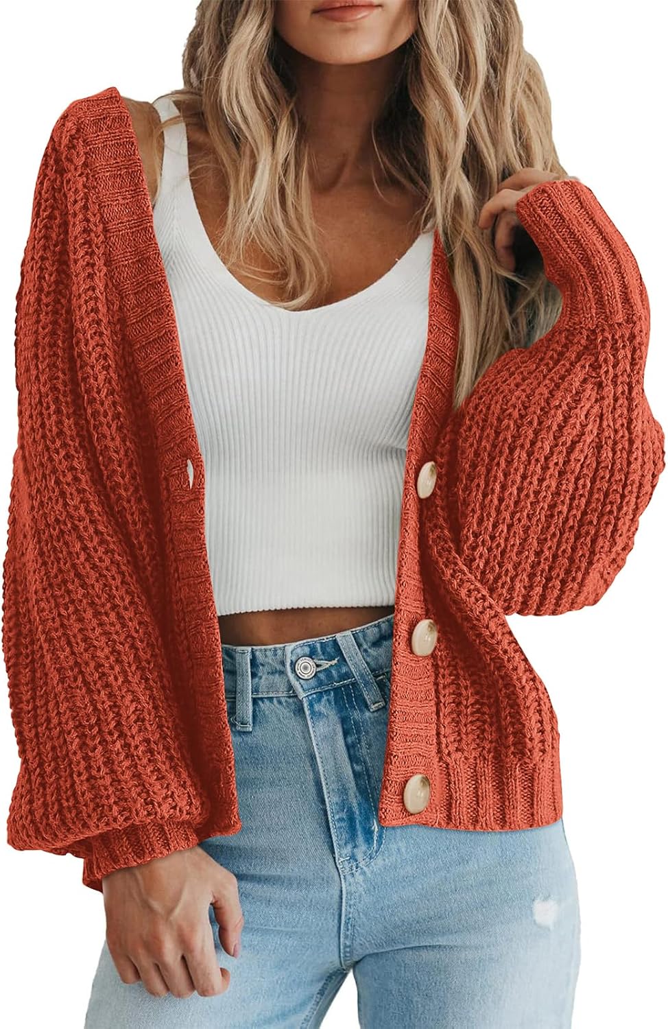 PRETTYGARDEN Suéter de punto grueso con frente abierto para mujer, cárdigan corto holgado con botones y manga larga, abrigos de abrigo 
