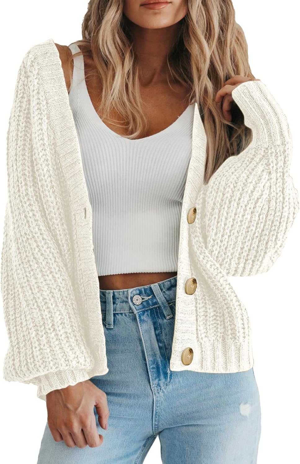 PRETTYGARDEN Suéter de punto grueso con frente abierto para mujer, cárdigan corto holgado con botones y manga larga, abrigos de abrigo 