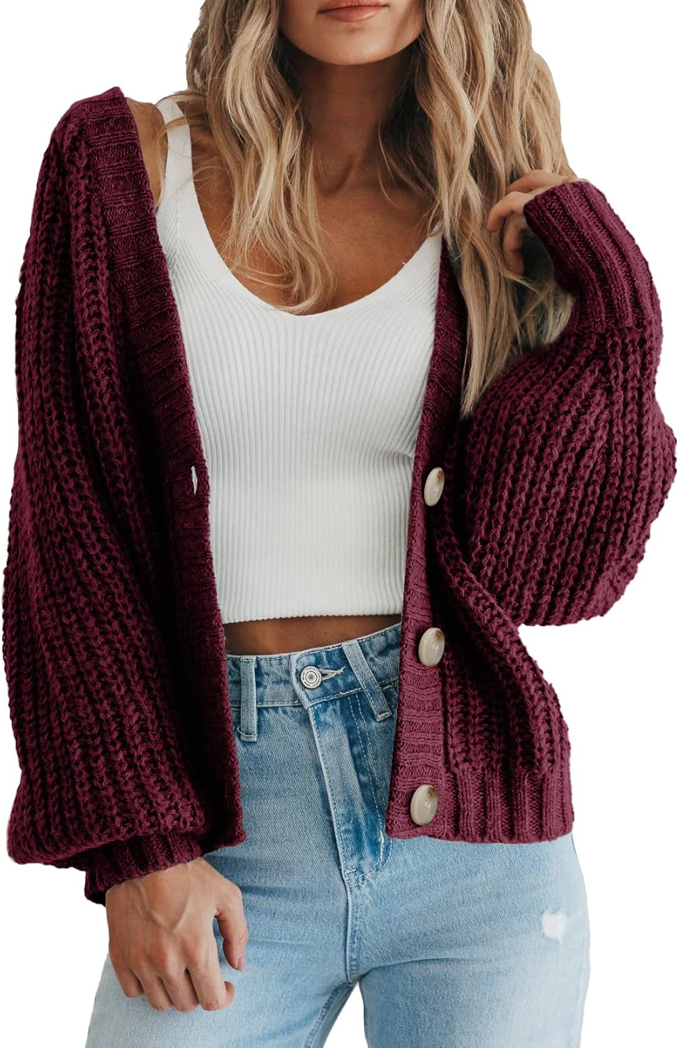 PRETTYGARDEN Suéter de punto grueso con frente abierto para mujer, cárdigan corto holgado con botones y manga larga, abrigos de abrigo 