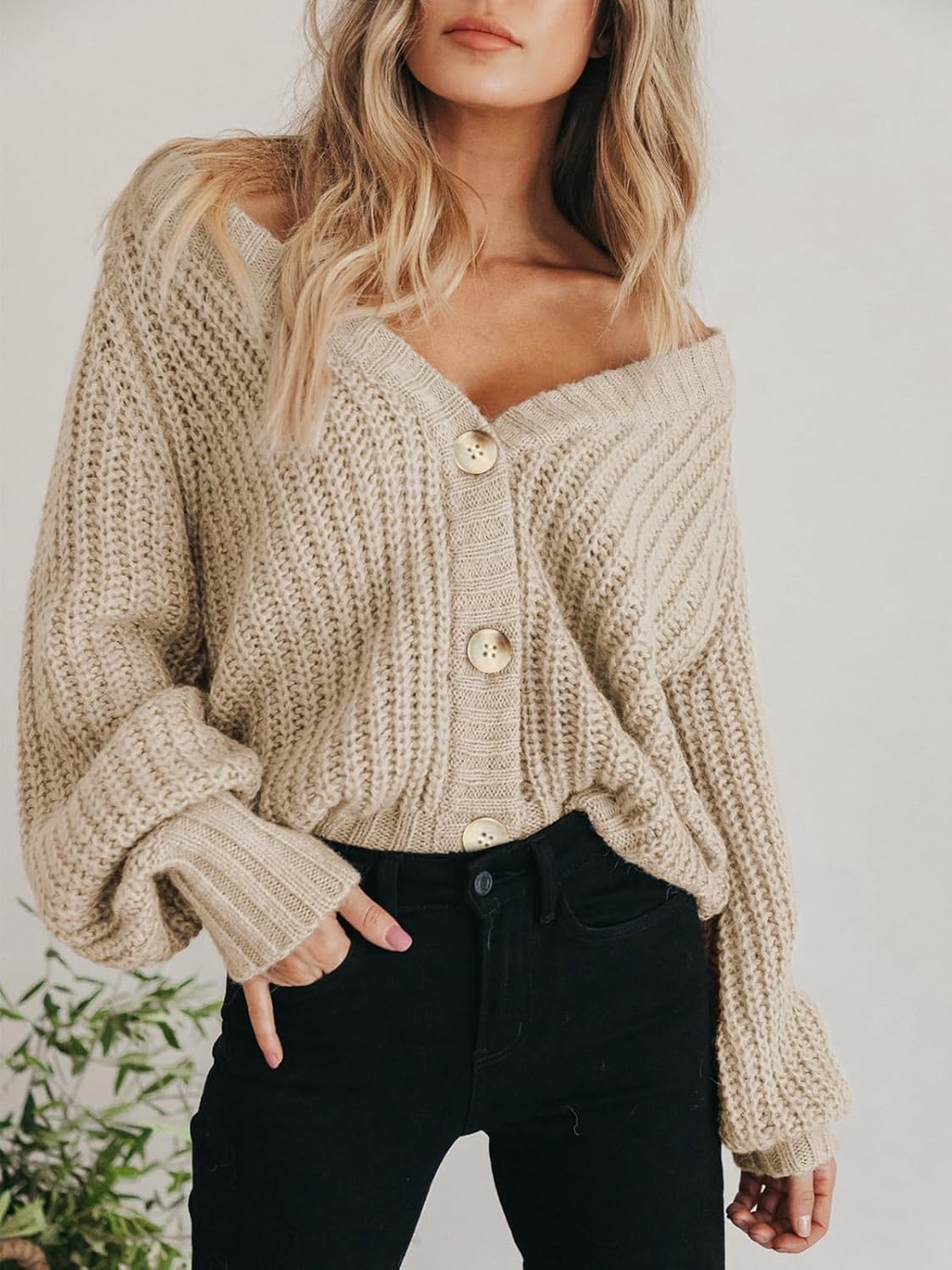 PRETTYGARDEN Suéter de punto grueso con frente abierto para mujer, cárdigan corto holgado con botones y manga larga, abrigos de abrigo 