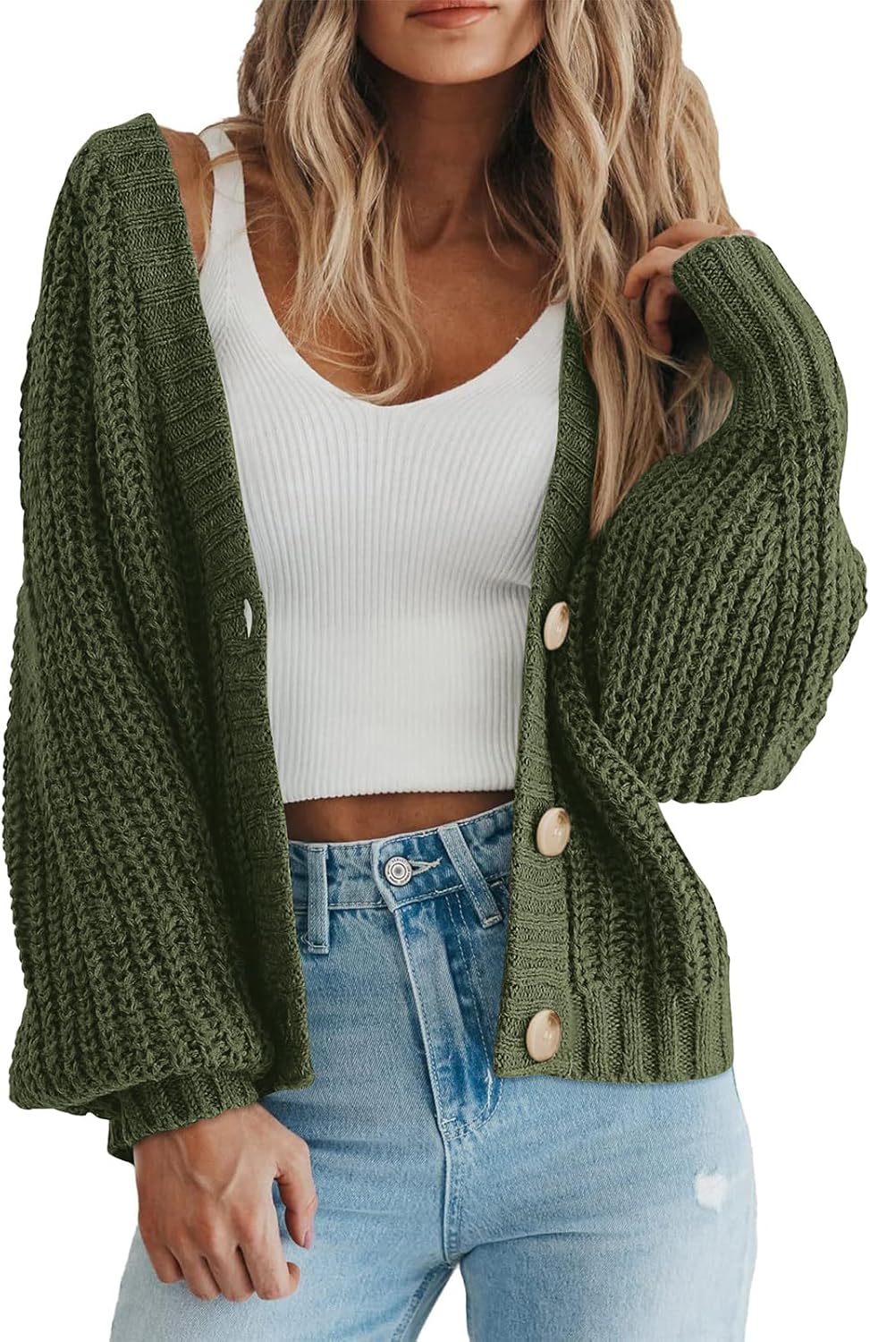 PRETTYGARDEN Suéter de punto grueso con frente abierto para mujer, cárdigan corto holgado con botones y manga larga, abrigos de abrigo 