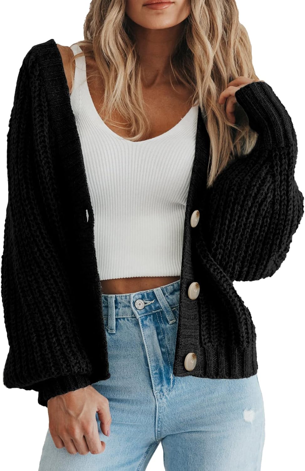 PRETTYGARDEN Suéter de punto grueso con frente abierto para mujer, cárdigan corto holgado con botones y manga larga, abrigos de abrigo 